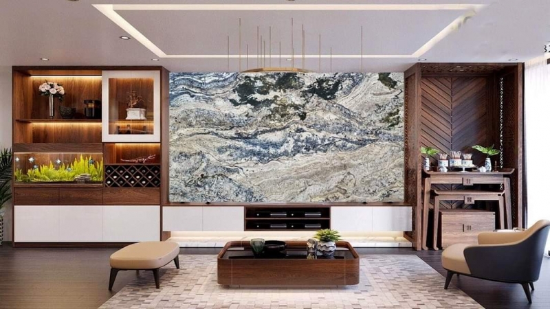 Tranh Đá Granite Màu Xanh Trắng Ốp Tường