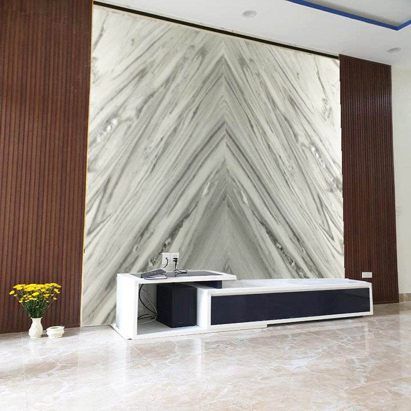 Ốp Vách Tivi Sử Dụng Đá Marble Màu Trắng 