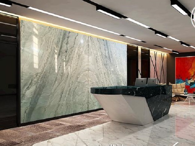 Tranh đá đối xứng Marble ốp trang trí quầy lễ tân sảnh chờ